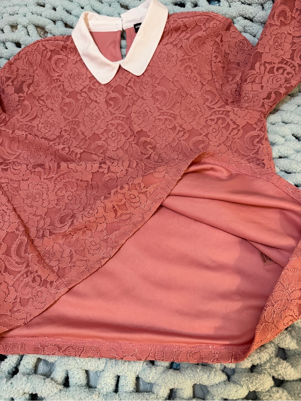 Karl Lagerfeld Dusty Rose Lace Blouse with Off White Peter Pan Collar Lg - Picture 13 of 14